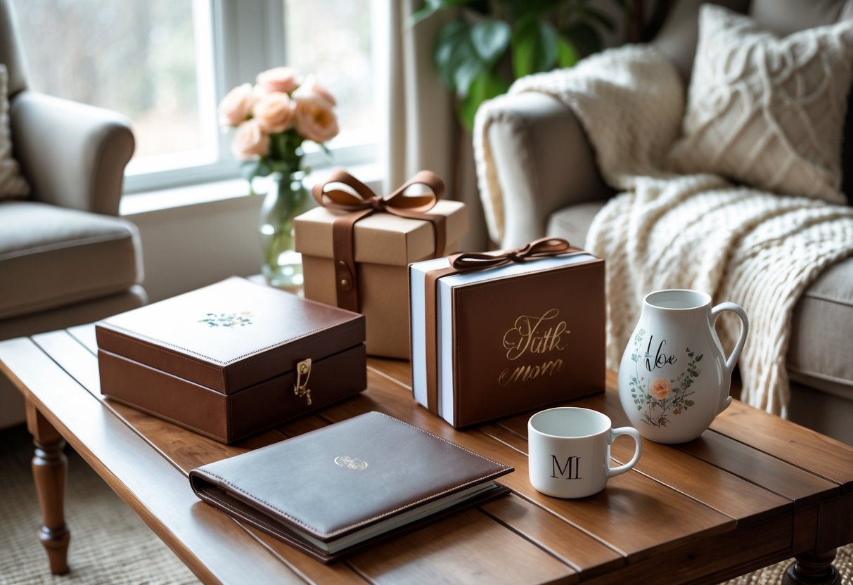 A cozy living room with personalized gifts like engraved jewelry boxes, monogrammed mugs, a photo album, and a hand-painted vase arranged on a wooden coffee table.