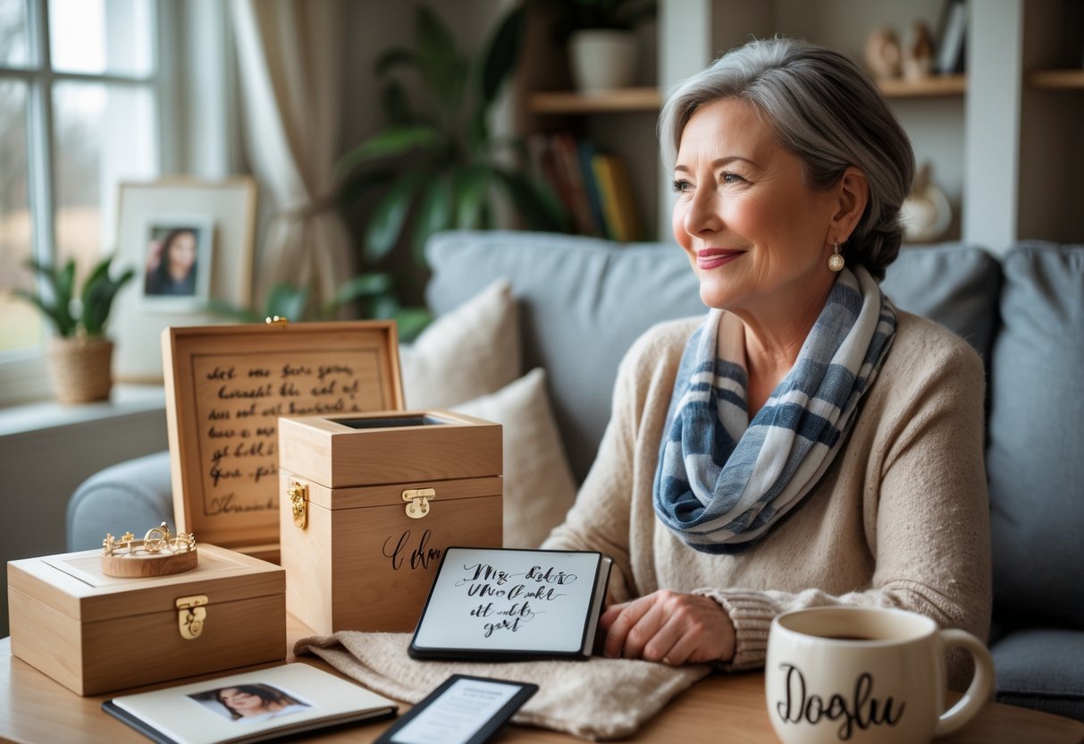 A woman sitting in a cozy living room surrounded by personalized gifts including a wooden jewelry box, photo album, scarf, and ceramic mug.