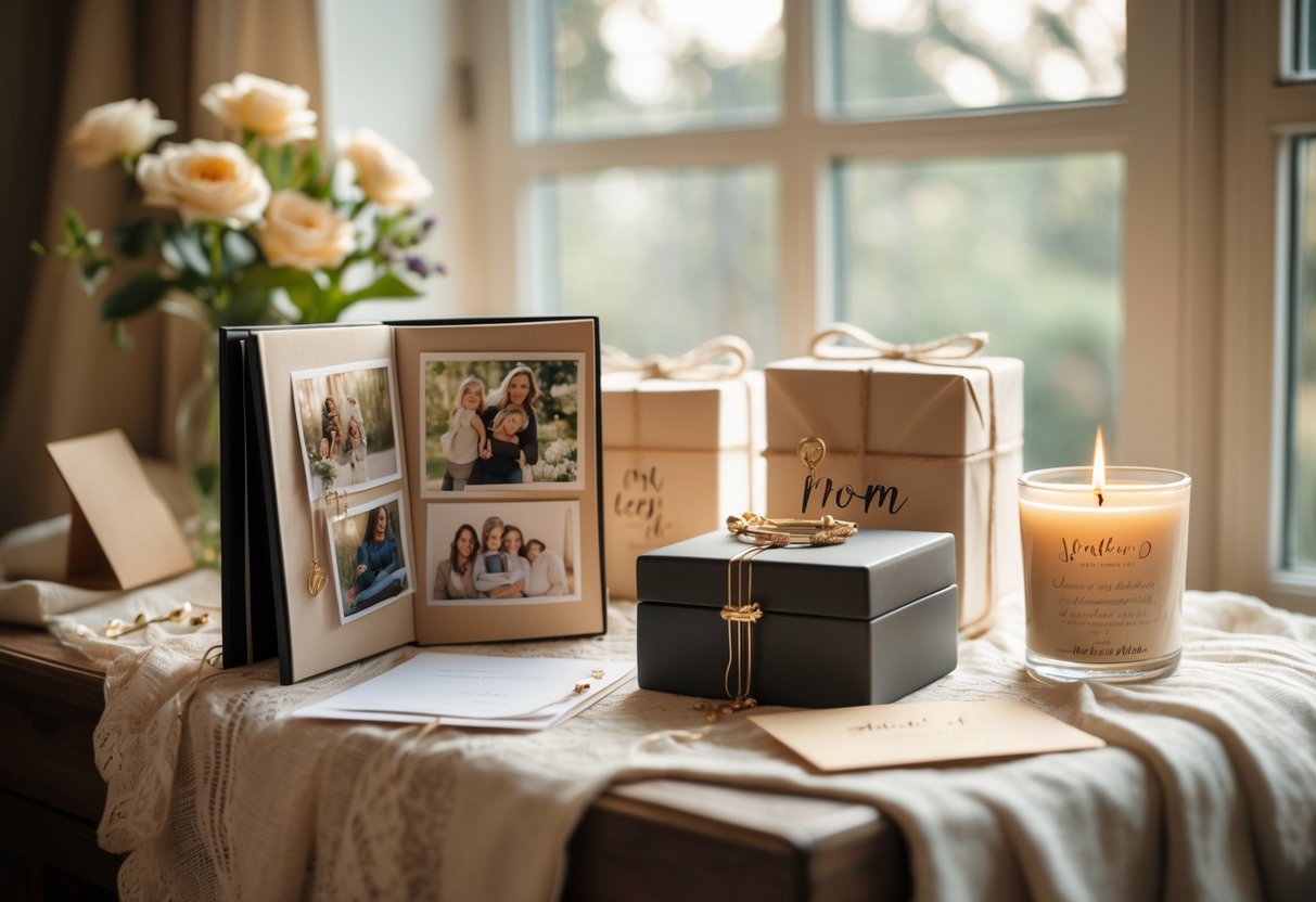 A cozy table with personalized gifts for mom including a photo album, engraved jewelry box, and scented candle, softly lit by natural light.