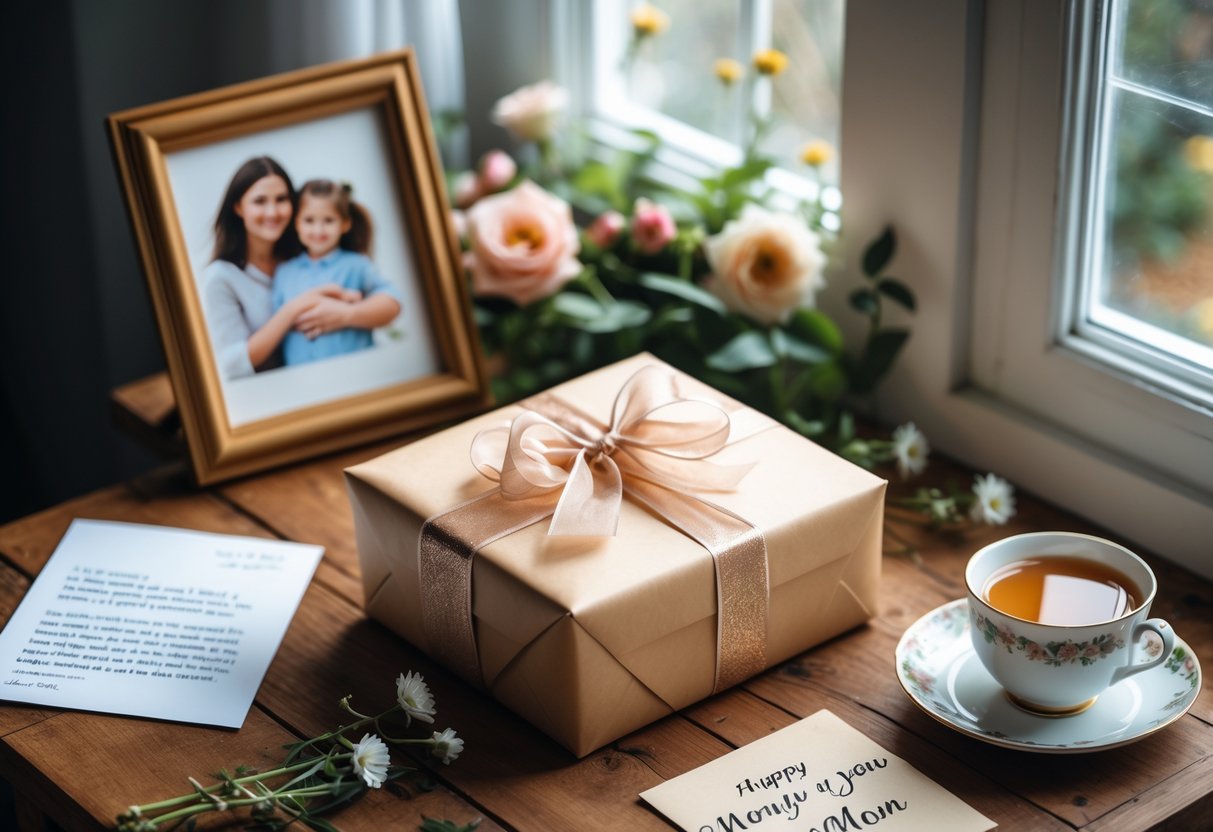 A personalized gift box on a wooden table surrounded by a framed photo, a handwritten letter, flowers, and a cup of tea in a cozy home setting.