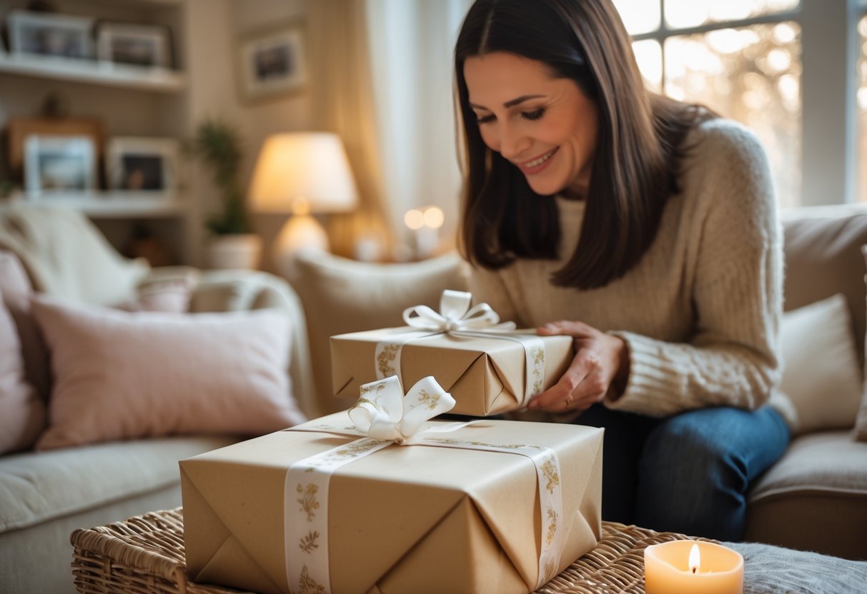A mother receiving a thoughtfully wrapped personalized gift from her child in a cozy living room, both sharing a heartfelt moment.