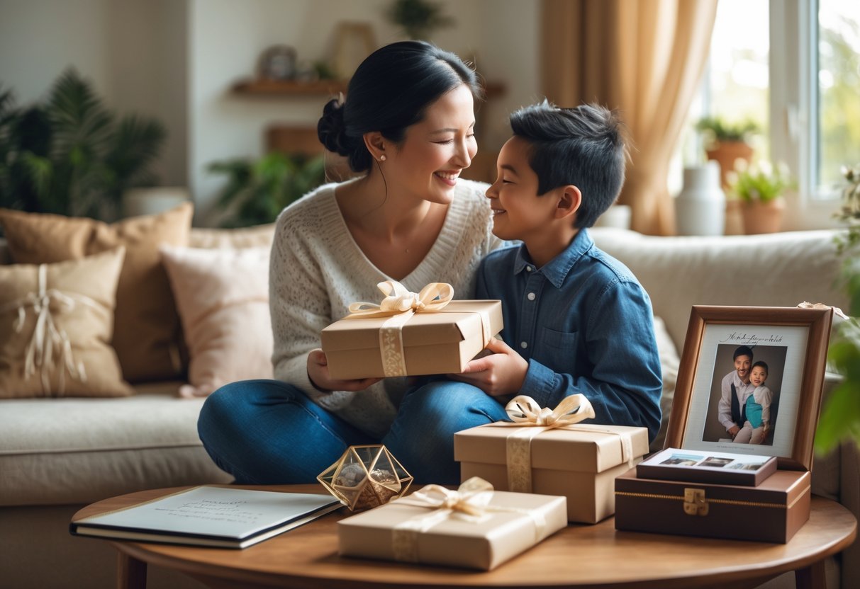A mother and adult child sharing a warm moment as the mother holds a wrapped gift in a cozy living room with personalized items on a table nearby.