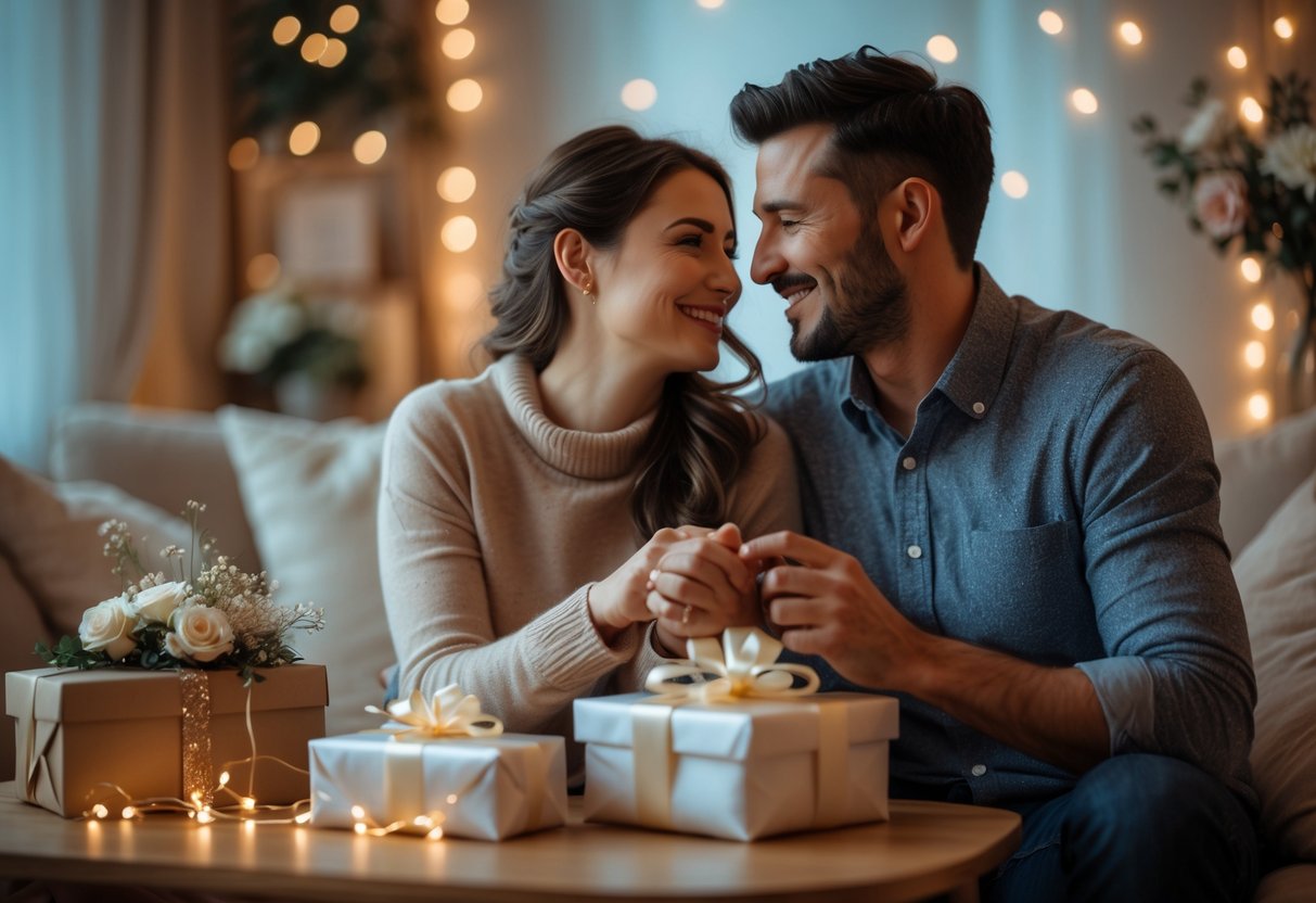 A couple sitting closely together, smiling and holding hands with anniversary gifts on a table in front of them.