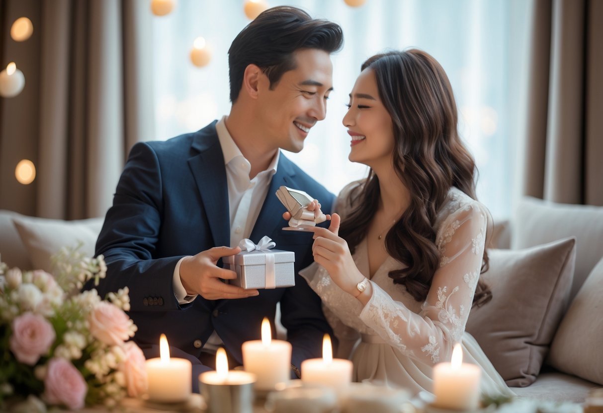 A couple exchanging gifts and smiling at each other in a cozy setting, celebrating their five-year anniversary.