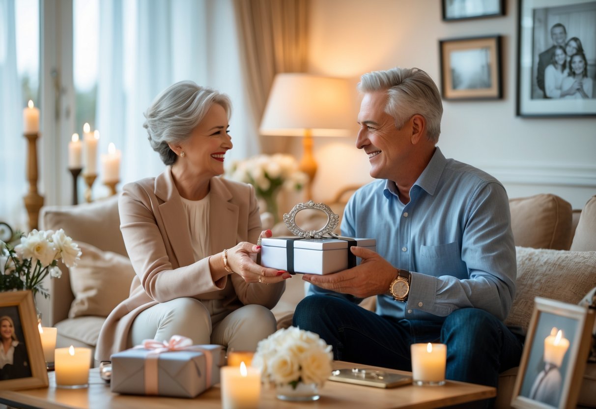 A mature couple exchanging anniversary gifts and smiling at each other in a cozy living room decorated with flowers and candles.