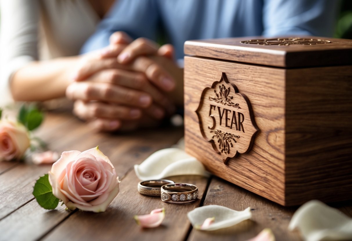 Close-up of a wooden anniversary gift box with wedding rings and rose petals, with a couple holding hands blurred in the background.