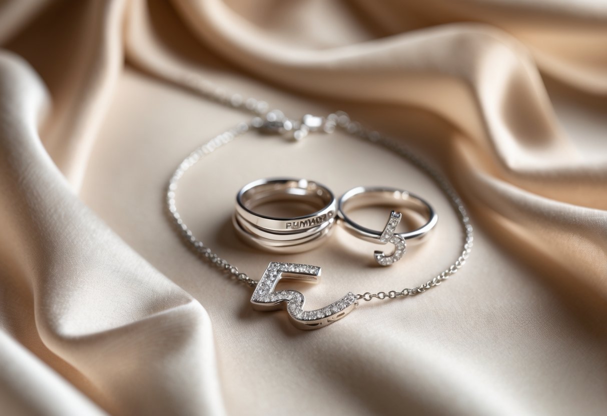 Close-up of elegant silver rings, a pendant necklace, and a bracelet arranged on soft fabric, symbolizing a five-year anniversary.