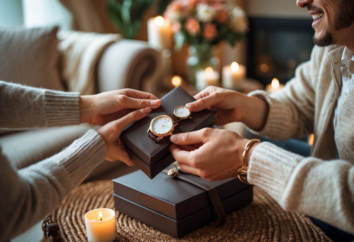 A couple exchanging elegant gifts in a cozy living room, celebrating their anniversary with warm light and flowers.