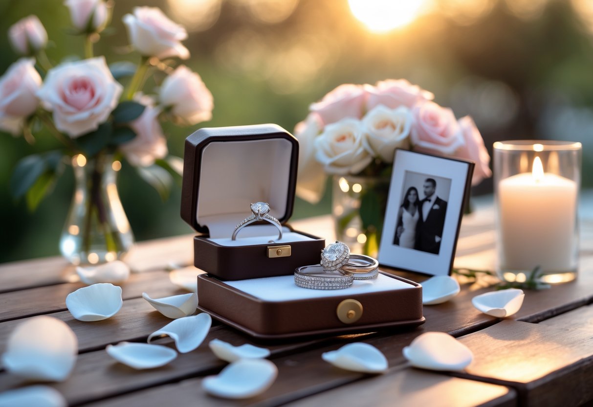 A romantic outdoor table with anniversary gifts including a jewelry box with a necklace, silver rings, a photo album, rose petals, flowers, and a lit candle.