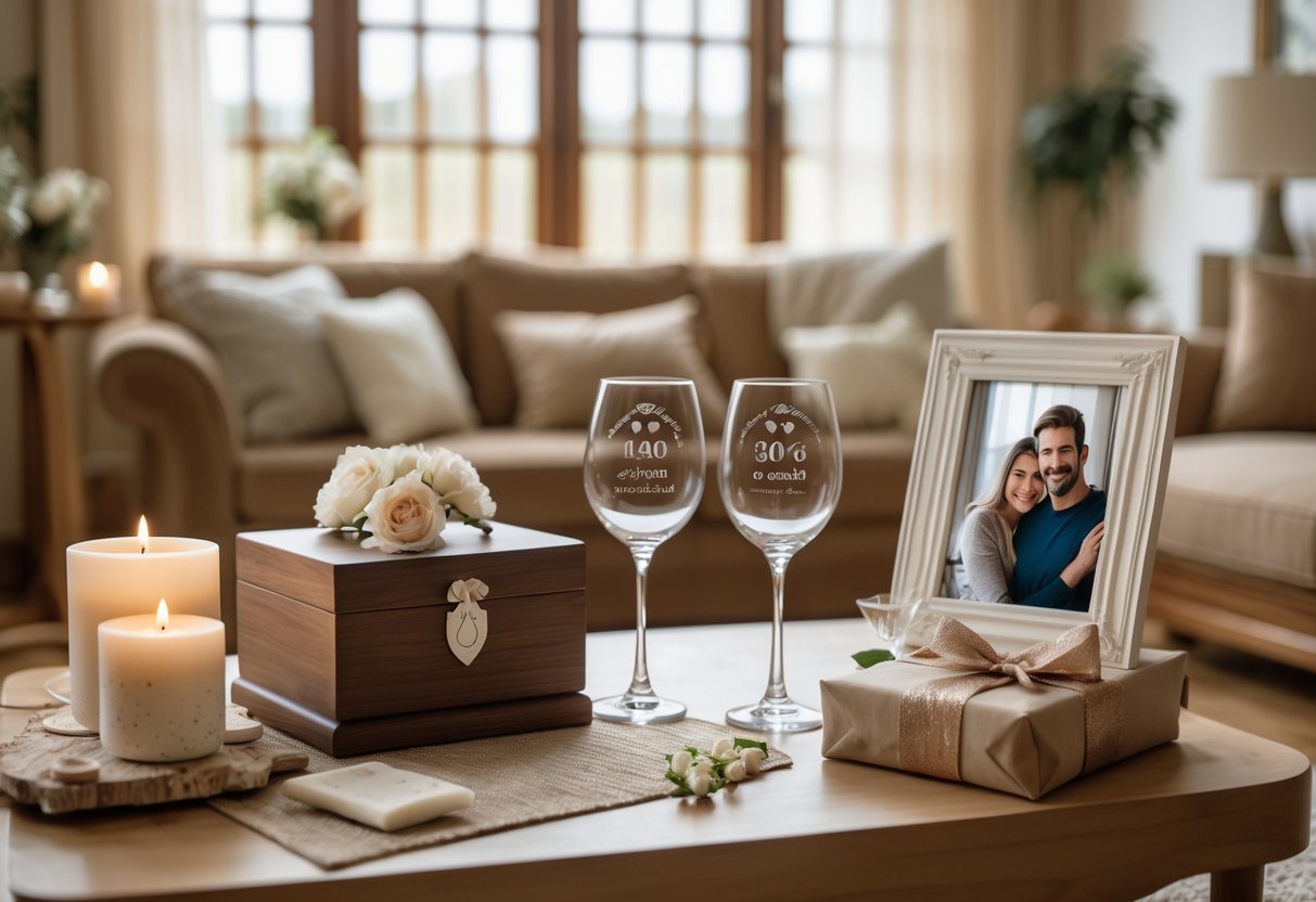 A cozy living room scene with elegant anniversary gifts including a wooden keepsake box, engraved wine glasses, a photo frame, flowers, and a lit candle arranged on a wooden table.
