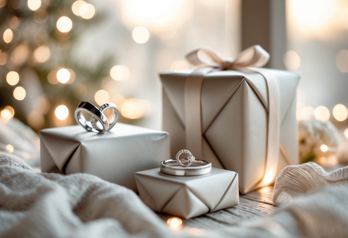 An arrangement of elegant five-year anniversary gifts including a wrapped box, a silver or wooden keepsake, and intertwined rings on a softly lit surface.