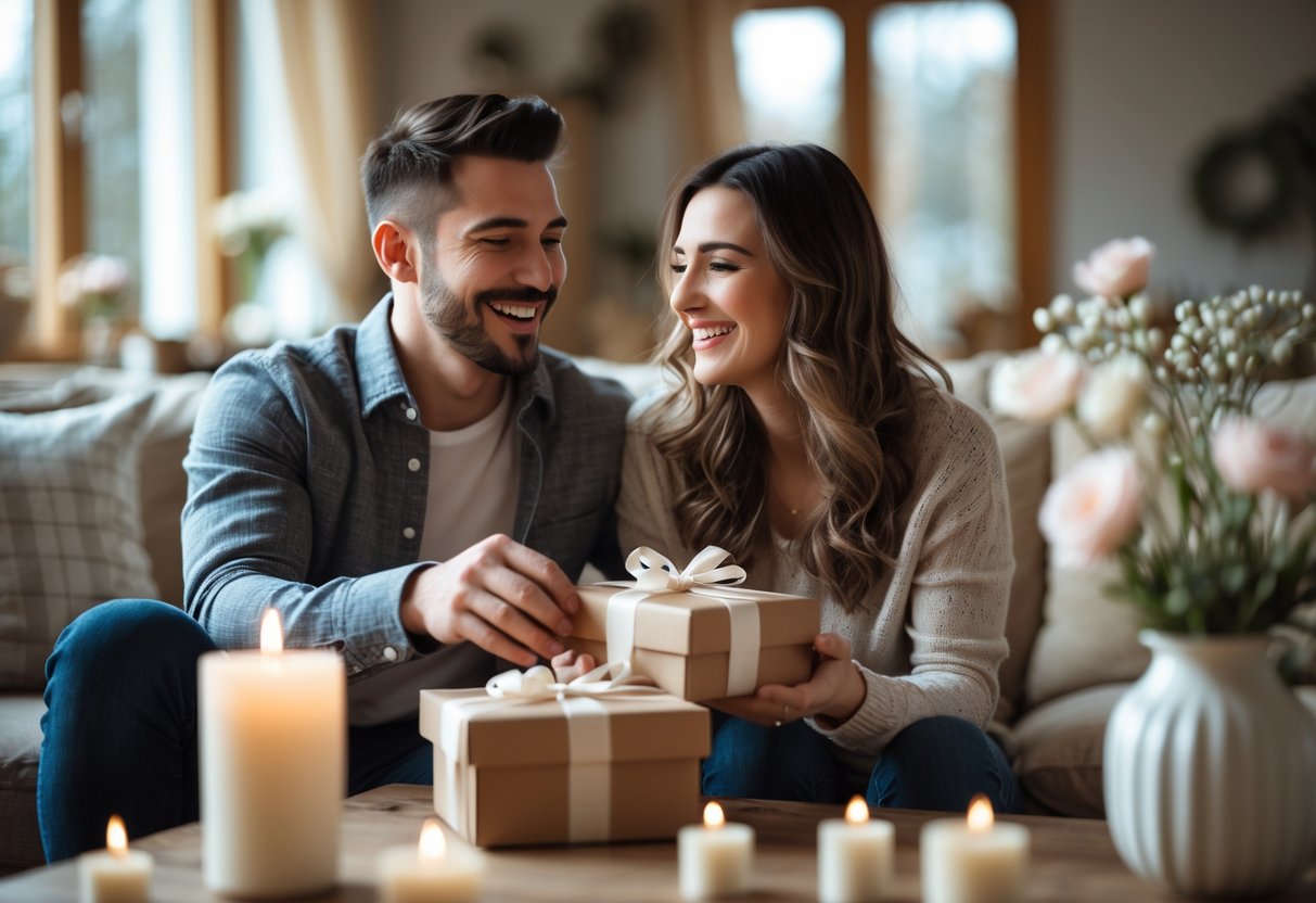 A smiling couple exchanging anniversary gifts in a cozy living room, sharing a warm and happy moment together.