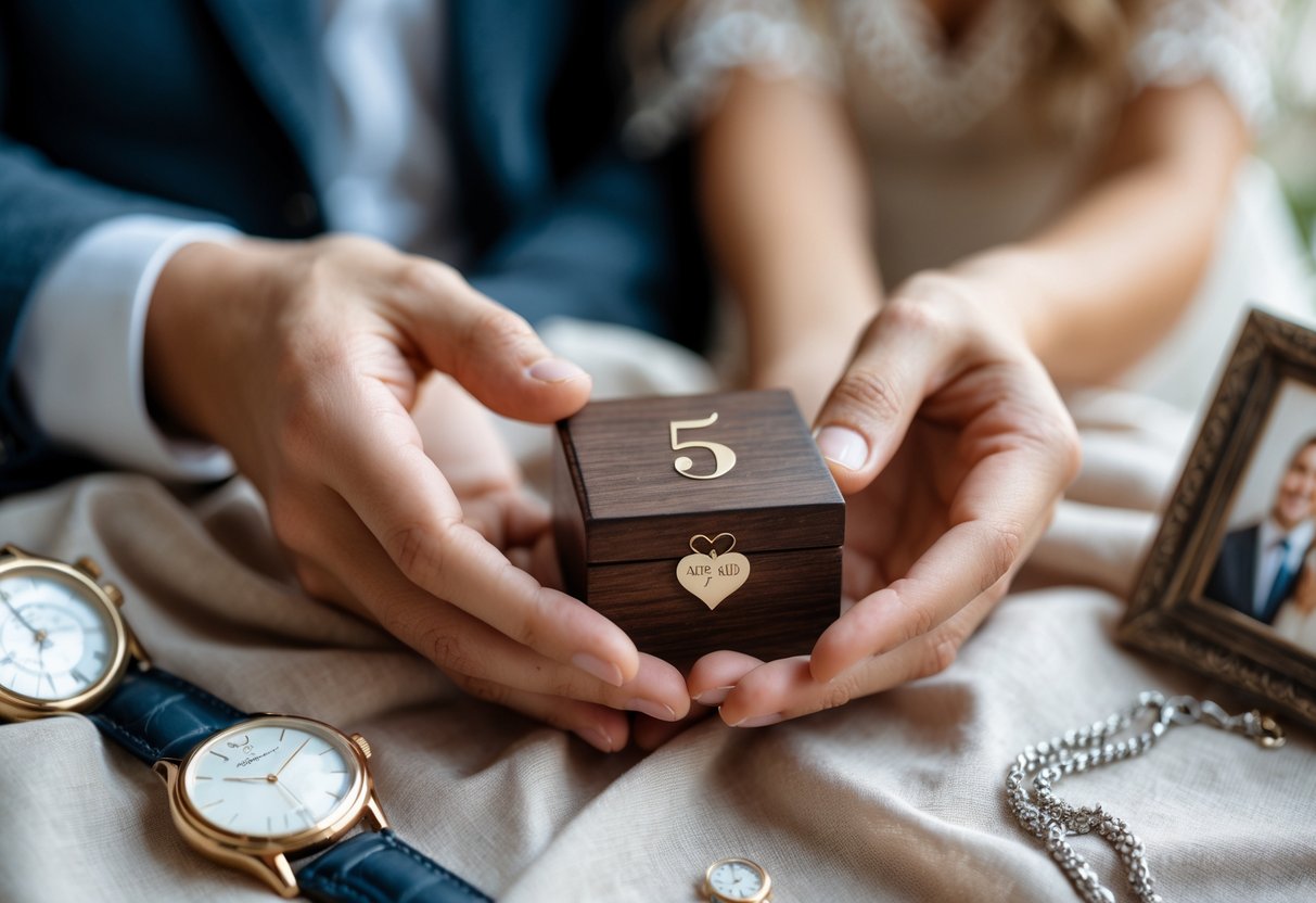 Close-up of a couple's hands holding a small wooden box with anniversary gifts and a photo frame nearby.