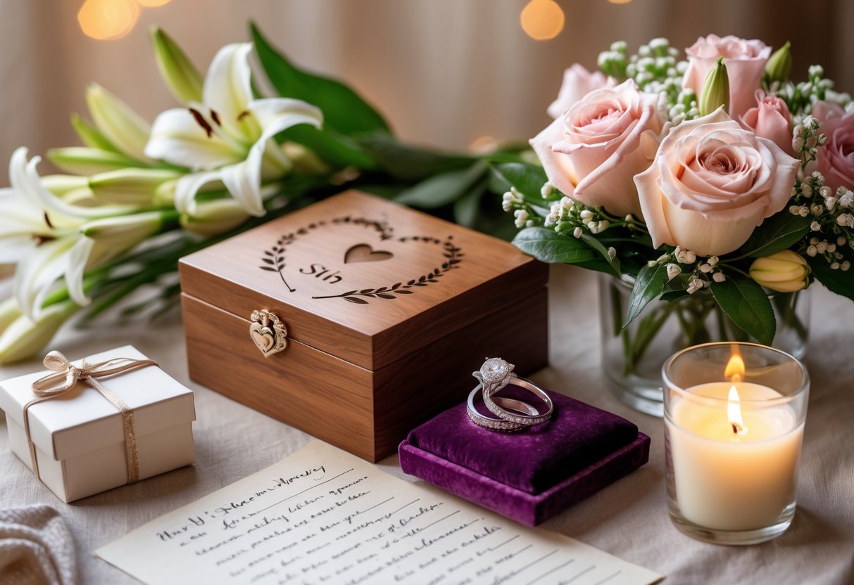 A collection of 5th anniversary gifts including a wooden engraved box, fresh flowers, silver rings on a velvet cushion, and a handwritten letter beside a lit candle.