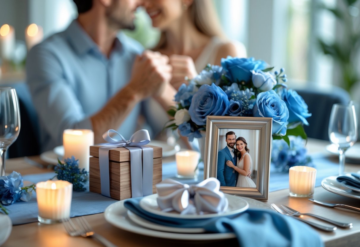 A couple holding hands near a table set with anniversary gifts including a wooden box, silver frame, and blue flowers in a softly lit dining room.