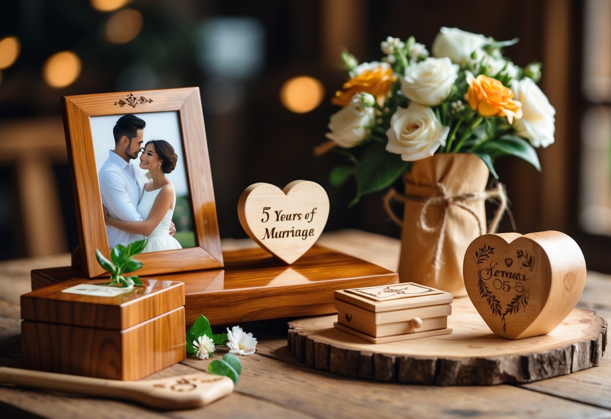 A collection of wooden anniversary gifts including a photo frame, heart-shaped box, and plaque arranged on a wooden table with flowers nearby.