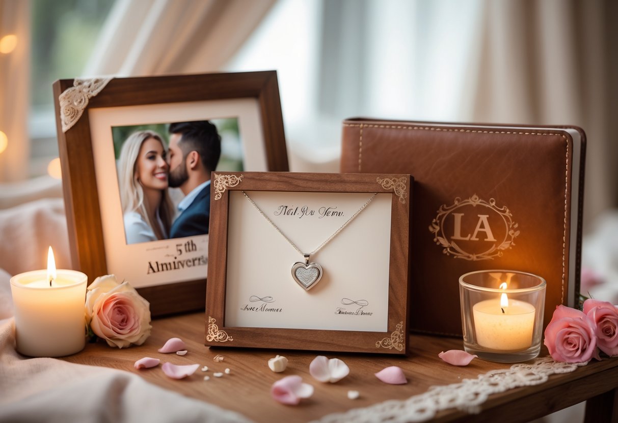 A table displaying personalized anniversary gifts including an engraved photo frame, a heart-shaped necklace, a leather journal, rose petals, flowers, and a lit candle.