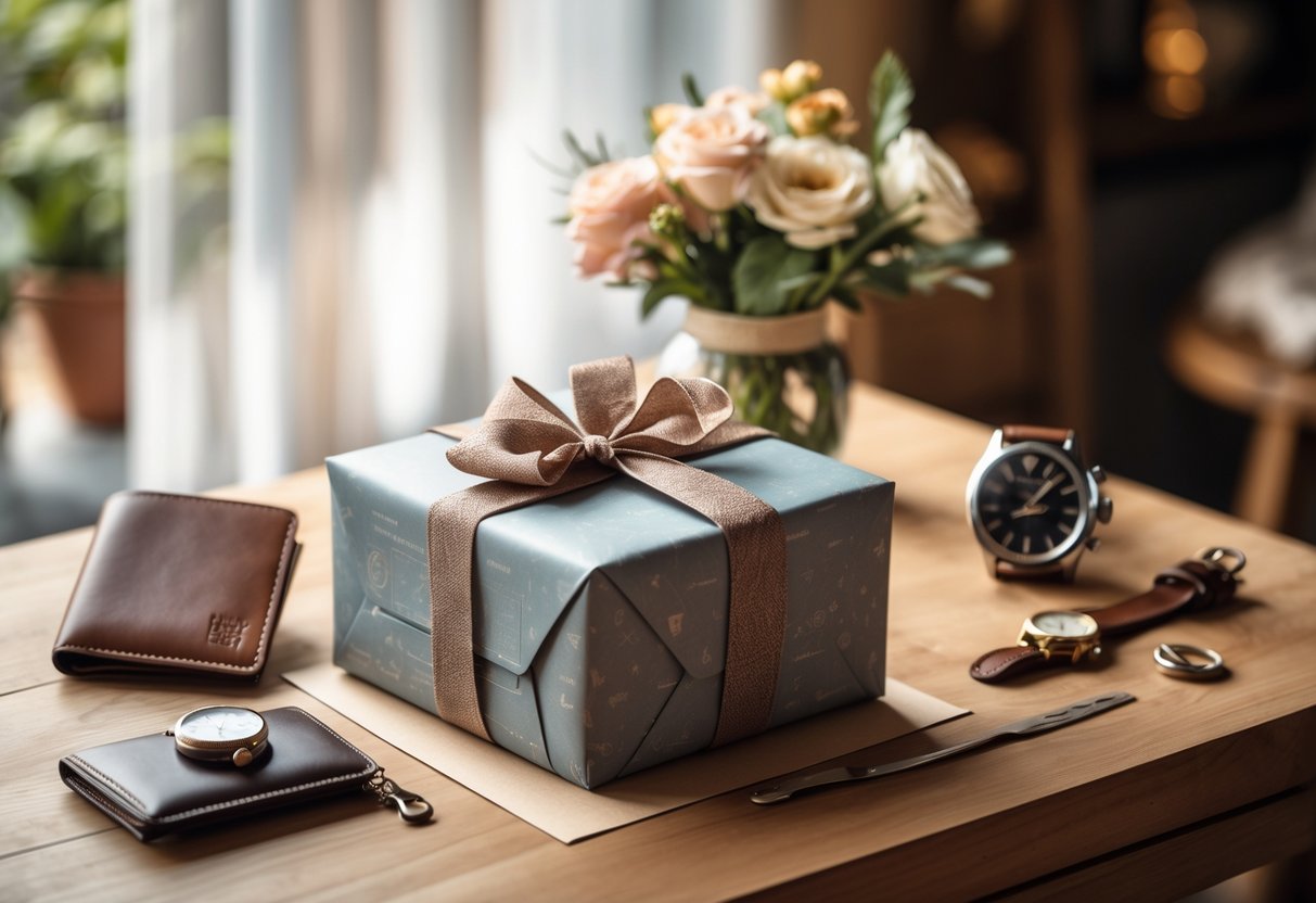 A wrapped anniversary gift box on a wooden table surrounded by a leather wallet, wristwatch, and flowers.