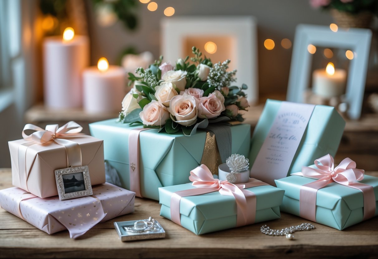 A table with beautifully wrapped anniversary gifts including a photo album, jewelry box, flowers, and personalized keepsakes in a cozy home setting.