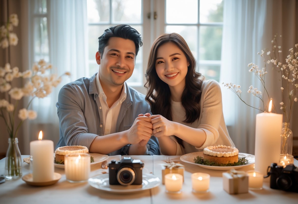 A smiling couple holding hands across a decorated table, celebrating their 5th anniversary with candles and flowers in a softly lit room.
