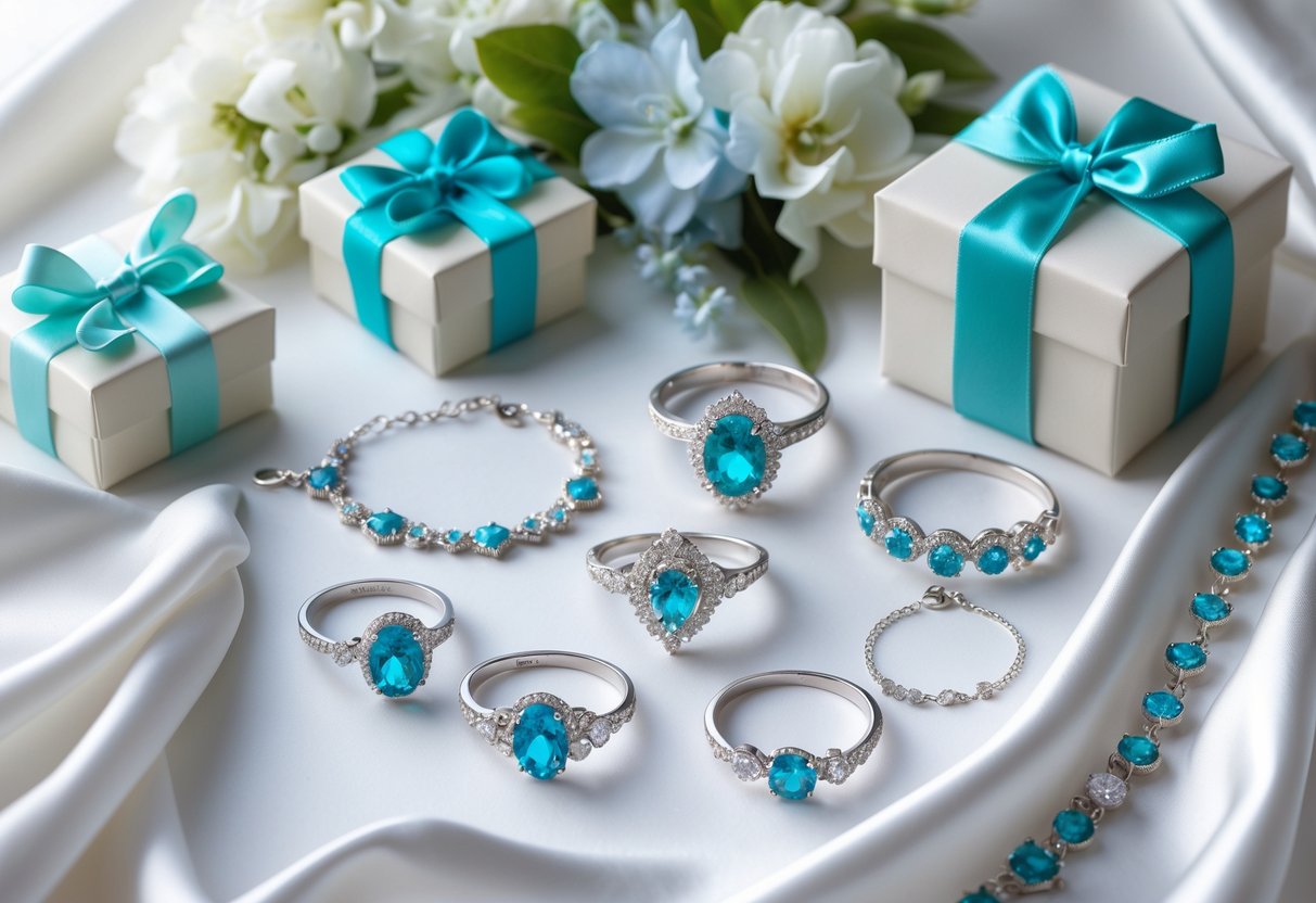 A collection of silver jewelry with turquoise gemstones displayed on white silk fabric alongside wrapped gift boxes and light blue flowers.