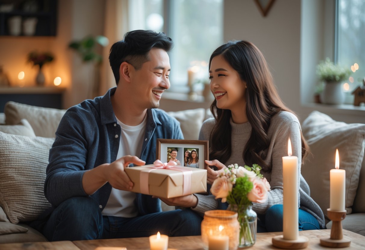 A couple exchanging anniversary gifts and smiling at each other in a cozy, softly lit living room decorated with candles and flowers.