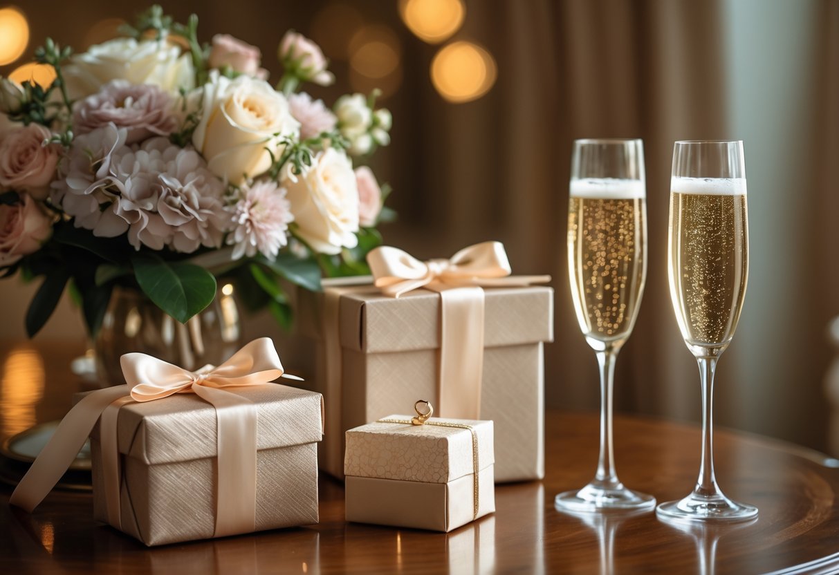 A table with a wrapped gift box, a bouquet of flowers, and two champagne glasses arranged for a 5-year anniversary celebration.