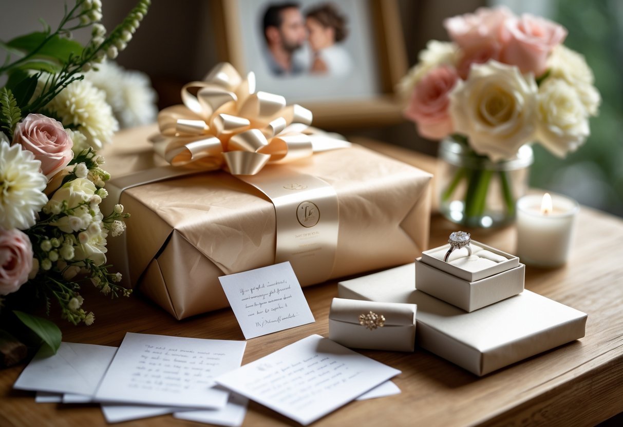 A wrapped anniversary gift on a wooden table surrounded by flowers, handwritten letters, and an open jewelry box with a piece of jewelry inside.