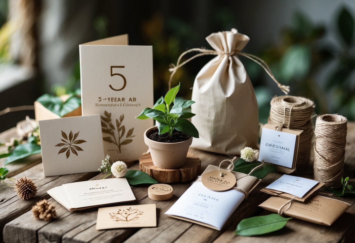 A rustic table displaying eco-friendly anniversary gifts including a potted plant, recycled paper cards, organic cotton bags, and wooden keepsakes surrounded by natural elements.