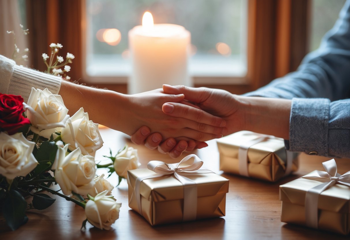 Two hands gently holding each other over a wooden table with roses, wrapped gifts, and a lit candle nearby.