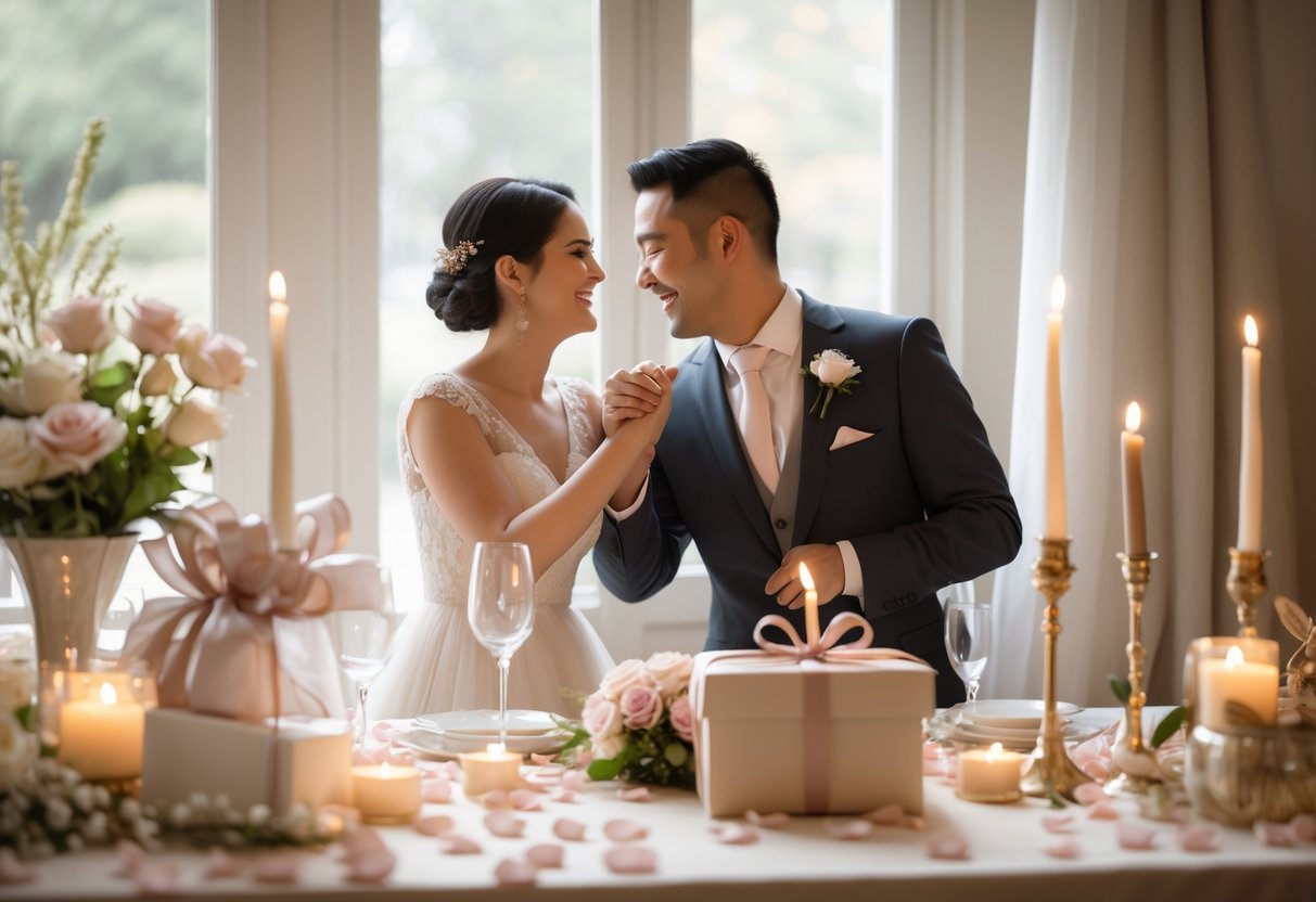 A couple warmly embracing by a decorated table with candles, flowers, and a gift, celebrating their 5-year anniversary.