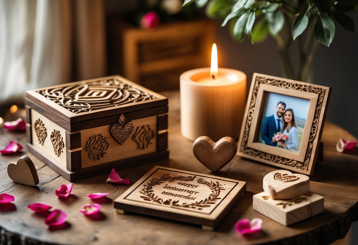 A wooden gift box and handcrafted wooden anniversary gifts arranged on a rustic table with warm lighting, symbolizing a 5-year anniversary celebration.