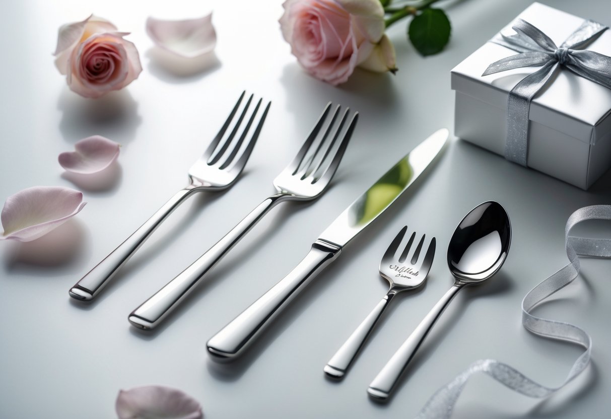 A set of modern silverware arranged on a white surface with rose petals and a small gift box, suggesting a romantic anniversary celebration.