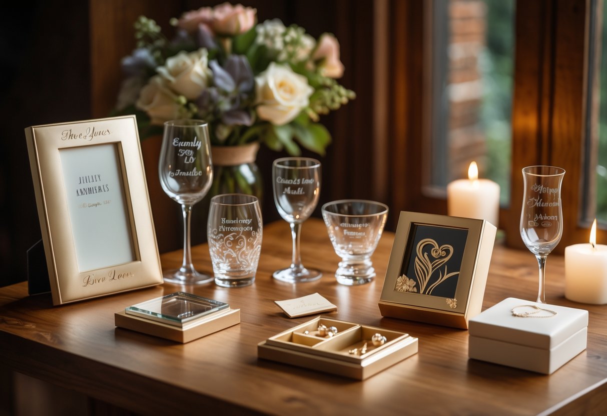 A table with personalized anniversary keepsakes including engraved photo frames, custom glassware, and jewelry boxes, surrounded by flowers and candles.