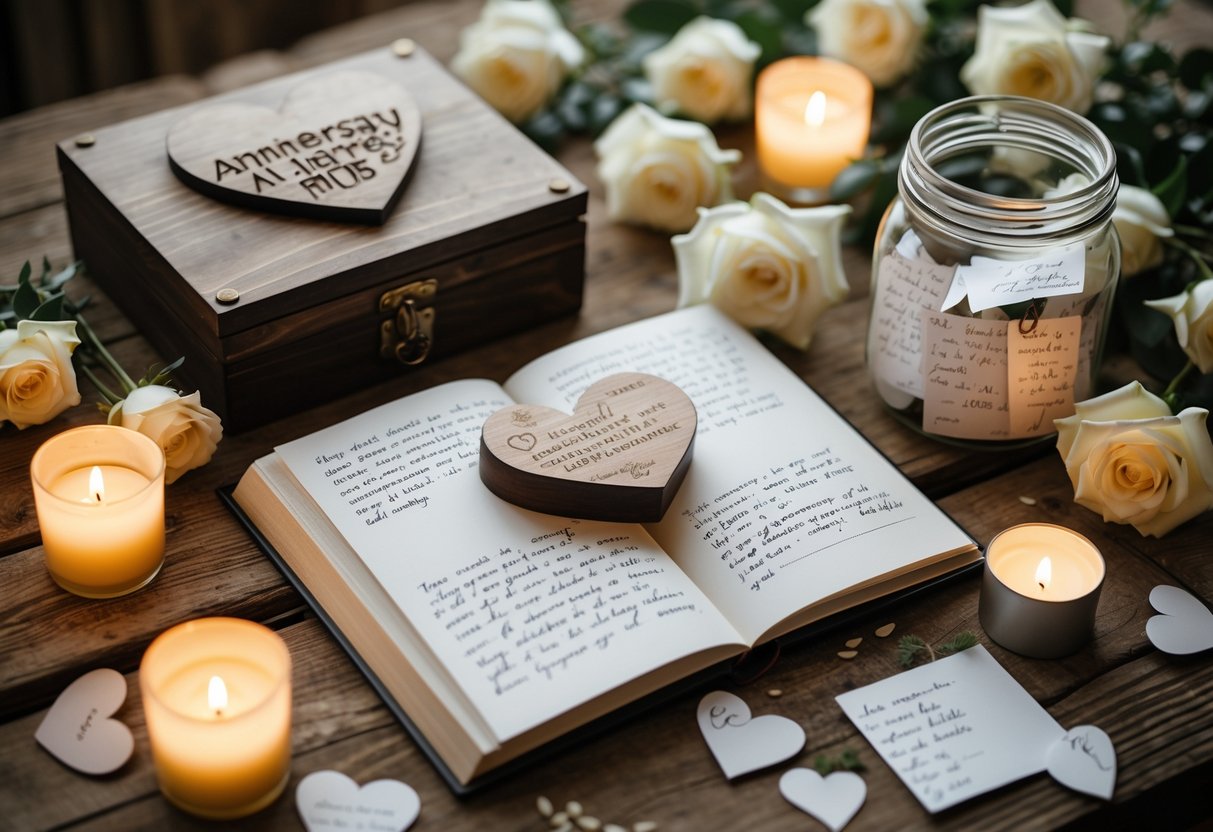 A table with handcrafted anniversary gifts including a photo album, heart-shaped wooden box, love notes, white roses, candles, and greenery.