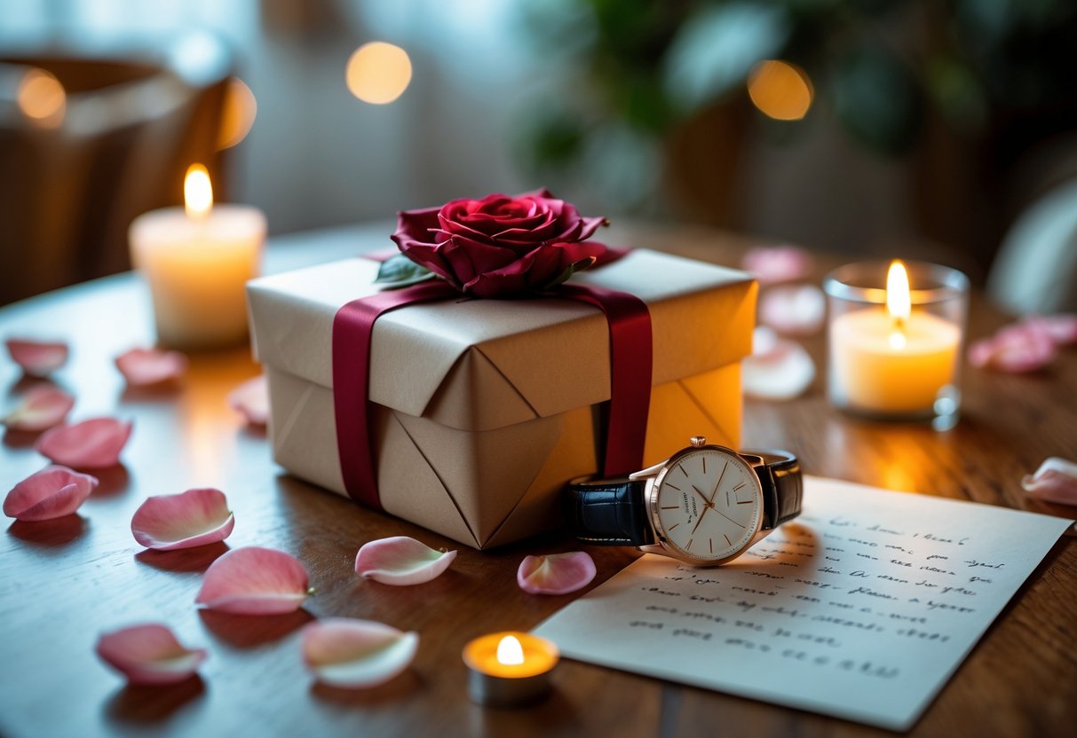 A wrapped anniversary gift box on a wooden table with rose petals, a wristwatch, a handwritten letter, and candles in a cozy setting.