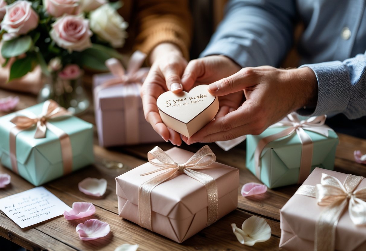 A couple holding a heart-shaped gift box surrounded by anniversary presents, flowers, and rose petals on a wooden table.