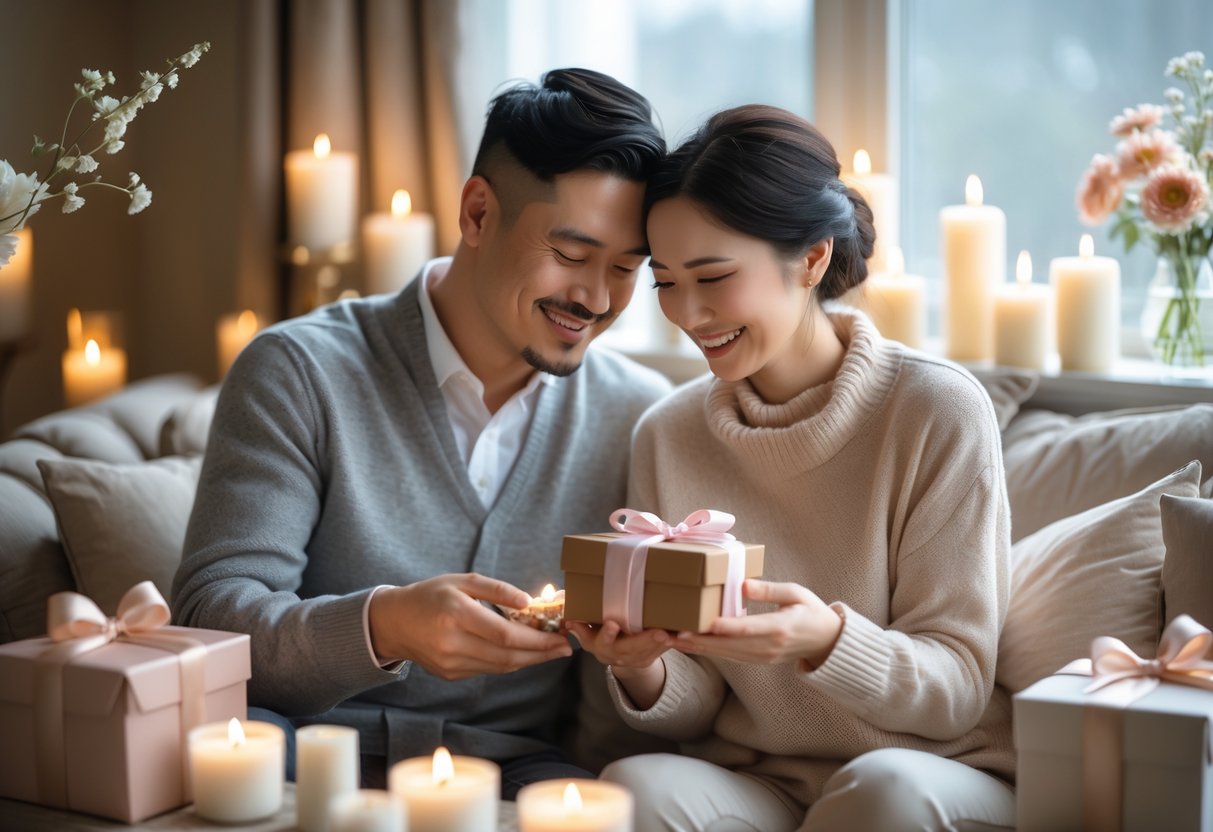 A couple exchanging anniversary gifts and smiling warmly in a softly lit room decorated with candles and flowers.