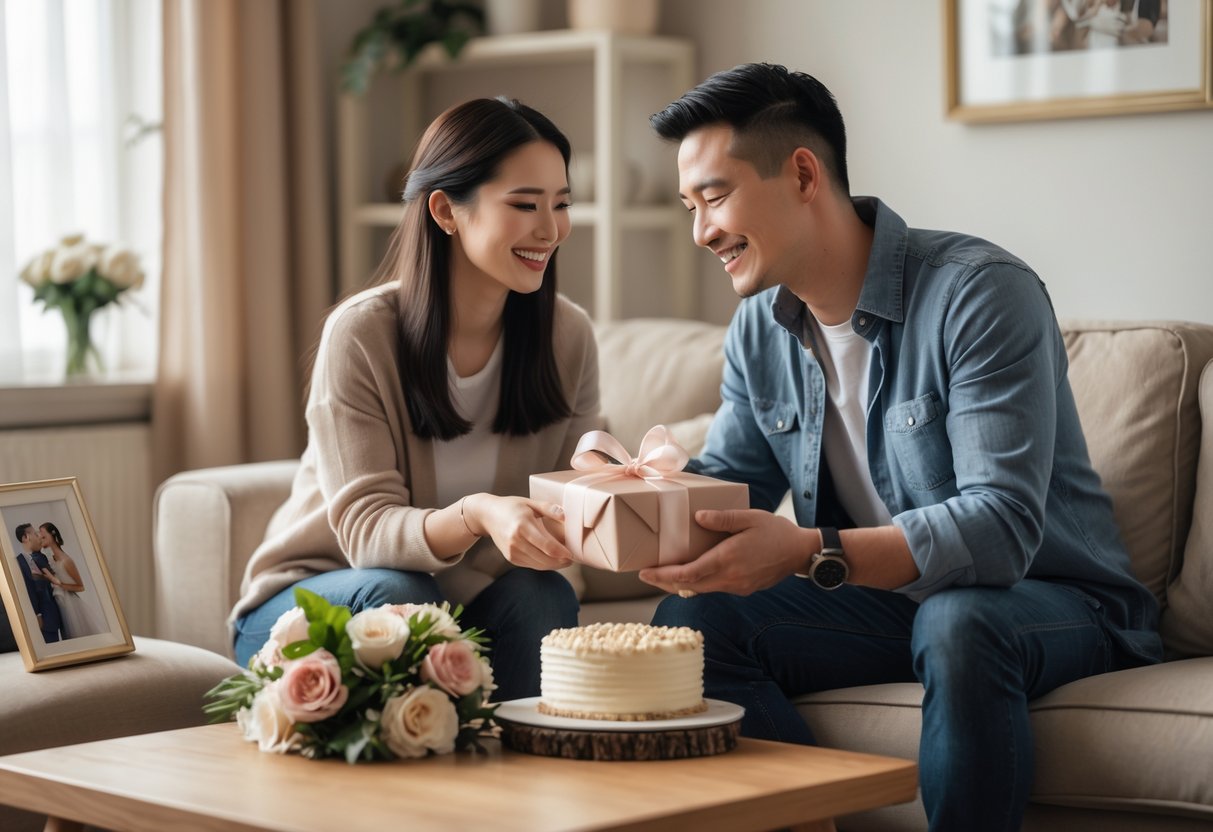 A couple exchanging gifts and smiling in a cozy living room, celebrating their 5th wedding anniversary.