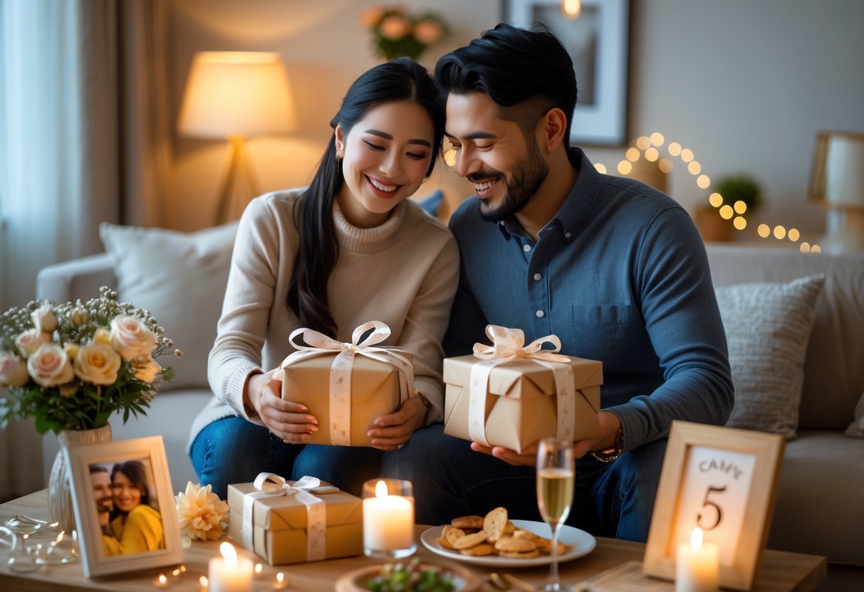 A couple exchanging heartfelt anniversary gifts in a cozy living room decorated with flowers and candles.