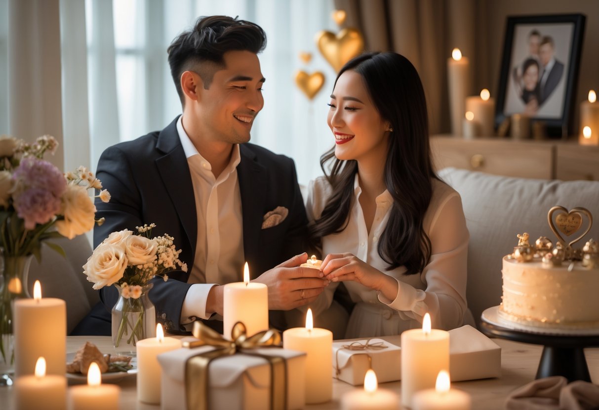A couple holding hands and smiling in a cozy room decorated with candles, flowers, and anniversary gifts.