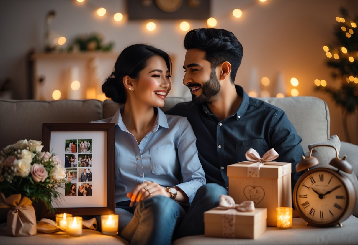 A couple sitting together on a sofa surrounded by meaningful anniversary gifts, celebrating their five years together in a cozy living room.