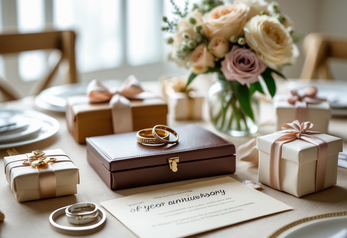 A close-up of a table with five-year anniversary gifts including a photo album, wooden keepsake box, bouquet of flowers, wedding rings, and handwritten notes.