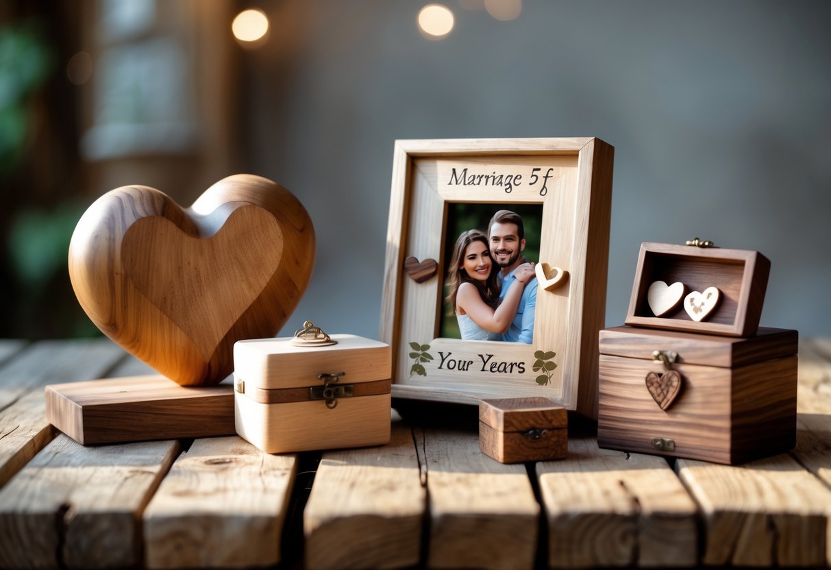 A collection of handcrafted wooden anniversary gifts arranged on a wooden table, including a carved heart, a photo frame, and a small wooden box.