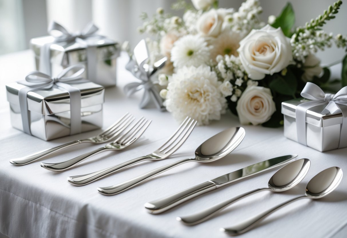 A table set with modern silverware and silver-themed anniversary gifts arranged alongside a floral centerpiece.