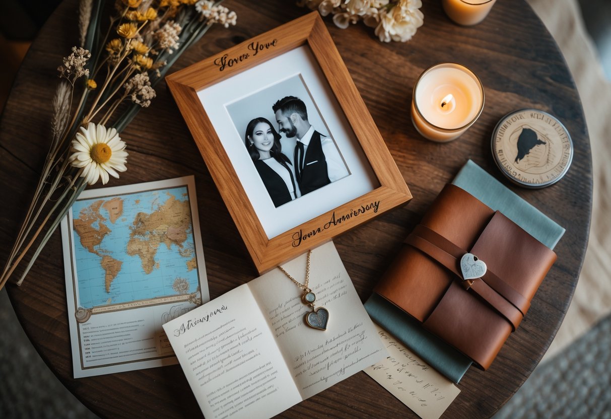 A flat lay of personalized five-year anniversary gifts including a wooden photo frame, leather journal, vintage map, silver necklace, dried flowers, candle, and a handwritten letter on a wooden table.
