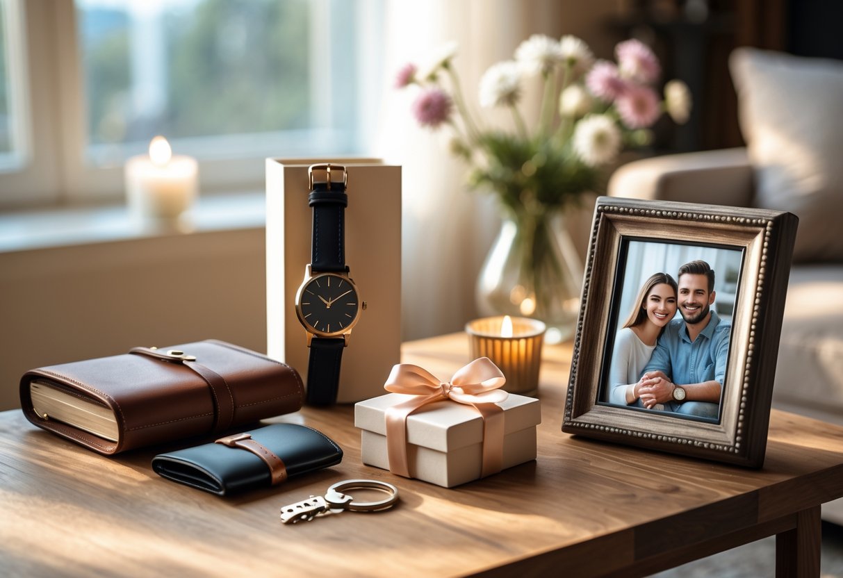A wooden table with anniversary gifts including a wristwatch, leather journal, engraved keychain, gift box, and a framed photo of a smiling couple in a cozy room.