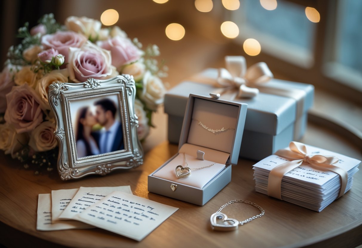 A table with anniversary gifts including flowers, a photo frame, a jewelry box with a necklace, and handwritten letters.