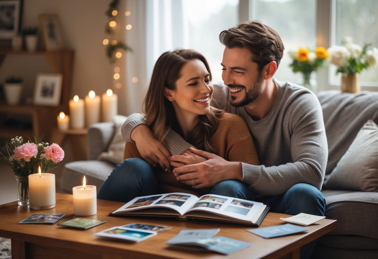 A couple embracing in a cozy living room surrounded by photo albums, souvenirs, and candles celebrating their 5th anniversary.