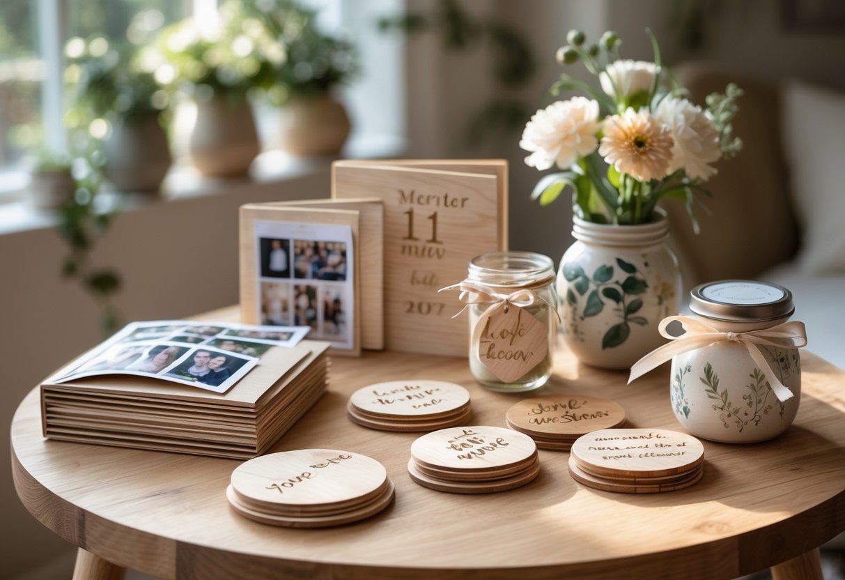 A wooden table displaying handmade anniversary gifts including a photo album, engraved coasters, a jar of love notes, and a hand-painted vase with flowers in a cozy home setting.